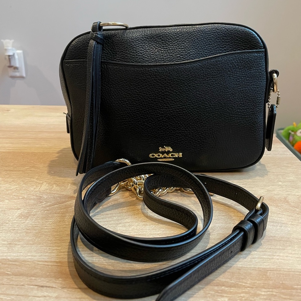 COACH Polished Pebble Leather Camera Bag (Black)